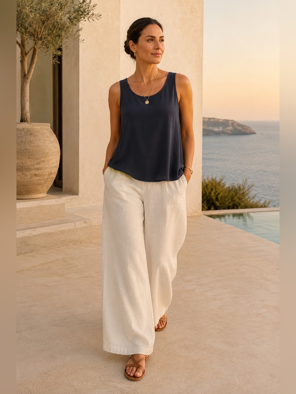 NWOT Eileen Fisher 100% Silk Navy Blue Sleeveless Tank Top Shell Women’s M